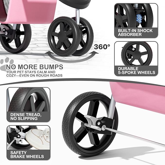 MoNiBloom 3-Wheels Foldable Pet Stroller with Waterproof Cover, Pet Strolling Cart for Small/Medium Dogs and Cats with Storage Basket and Cup Holder, Breathable and Visible Mesh for All-Season, Pink