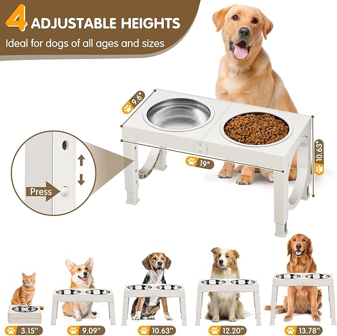 XIAZ Elevated Dog Bowls Large Breed Raised Dogs Bowl Stand Large/Medium Sized Dog 1L Food Water Bowl Stands 5 Heights Adjustable 9/11/12/14in White Pet Feeder Dish Station