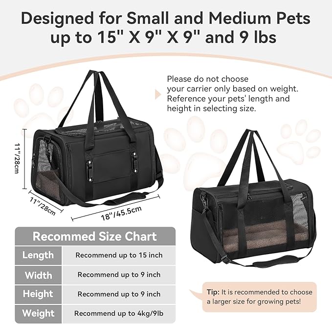 PETSFIT Cat Car Carrier for Small/Medium Cats Dogs, 18"x11"x11" Airline Approved Cat Carrier, with Patent Safety Buckles and Escape-Proof Zipper - Safeguarding Car Travel, Airplane, Vet, Outdoor