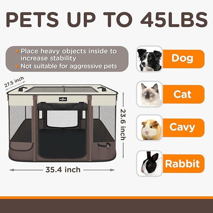 Foldable Pet Kitten Playpen, Upgrade Waterproof Portable Cat Dog Playpen Kennel Tent for Small Dog Cat, Retractable Shade Cover, Come with Free Carrying Case, Indoor Outdoor Use for Small Pet, Brown