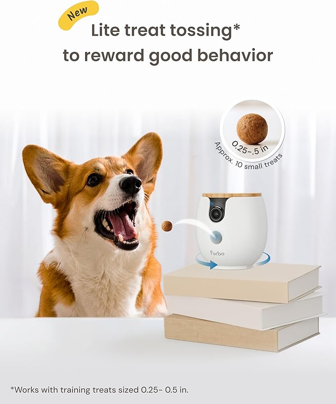Furbo Mini 360° [New] 2K QHD Pet Camera: Dog & Cat Rotating Treat Dispenser w/Phone App, Smart Indoor Cam with 2-Way Speaker & Night Vision. No Subscription Needed. Standard See, Talk, & Toss Features