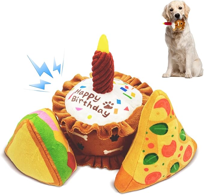 Birthday Squeaky crinkly Cake Aggressive chew for pups Sandwiches Pizza Party Dog Toy Colorful Playset to Keep Your Furry Friend Busy with 3 Pack Dog Toys for Birthday Gift Toys