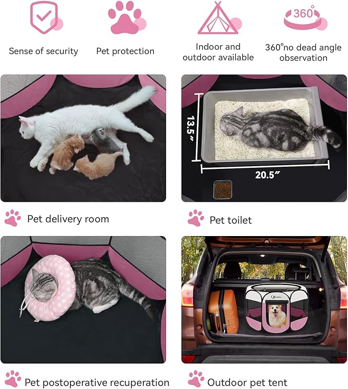 Pink Puppy Playpen for Middle Dog Cat, Dog Tent Crates Cage Indoor/Outdoor, Portable Pop Up Dog Kennel with Carrying Bag for Rabbits, (Pink, Medium)