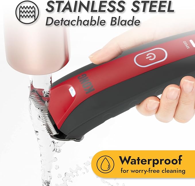 KONG 2-Speed Dog Clipper Grooming Kit – Stainless Steel Blade, Waterproof, LED Spotlight, 6 Guide Combs, 8-Foot Cord, Ergonomic Handle – Red/Gray, Medium Coat Types