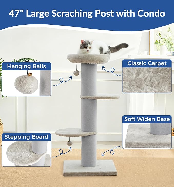 Cat Craft Cat Scratching Post with Bed Carpet Scratching Post with Perch Cat Pole for Indoor Cats Cat Tree Tower, Light Grey