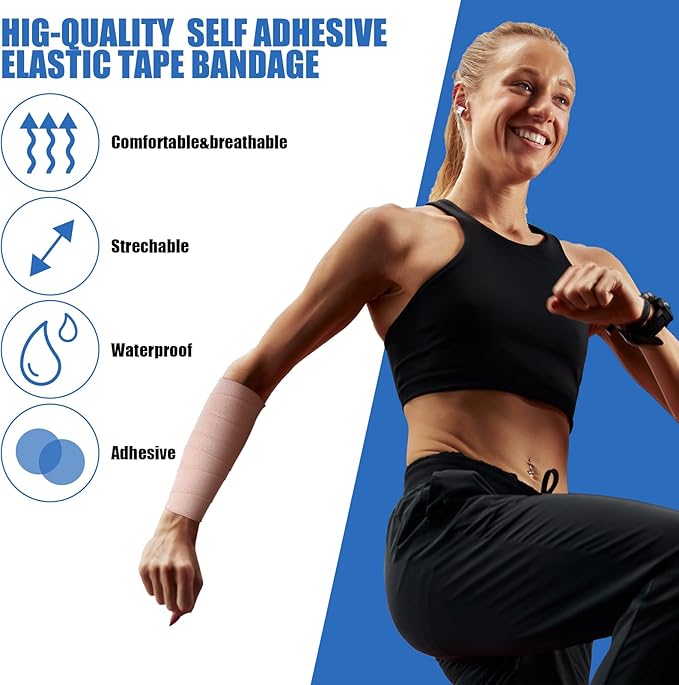 Geiserailie 12 Rolls 4 Inches Elastic Tape Adhesive Elastic Tape Self Adhesive Bandage Wrap Flexible Stretch Bandages for Sports Ankle, Knee and Wrist Sprains Animal Pets, 5 Yards