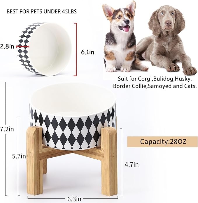 Petygooing Elevated/Raised 15°Slanted Ceramic Dog Bowl for Small and Medium Breeds, Tilted Anti Slip Pet Bowl,Food Water Dish with Stand for Cats and Dogs (28 OZ/3.6 Cups) Black Rhombus