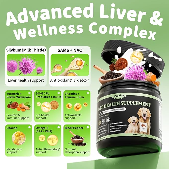 Dog Liver Support Chews - with Milk Thistle (Silybum), Same & NAC - Liver Supplement for Metabolic - Detox - Gut & Immune Health - Beef Flavor, 90 Soft Chews