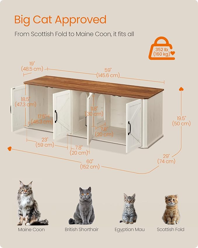 Feandrea Double Cat Litter Box Enclosure, Modern Litter Box Furniture Hidden for 2 Cats, Front Entry, Cat House, Side End Table, TV Stand, 59 x 19 x 19.5 Inches, Honey Brown, Rustic White UPCL010K01