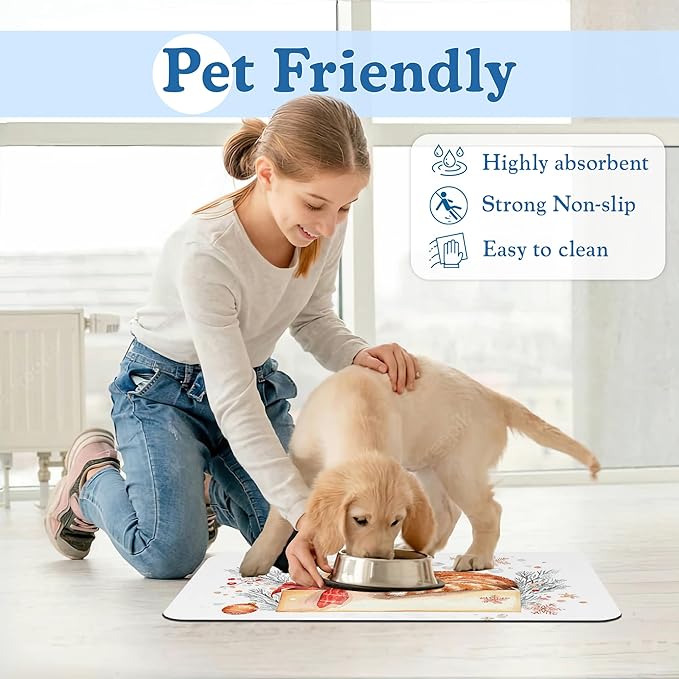 Cat Dog Cat Food Mat–Absorbent Waterproof Placemat for Food and Water Bowls, Non Slip Rubber Backing, Feeding Mat for Clean Floors 16"x24"