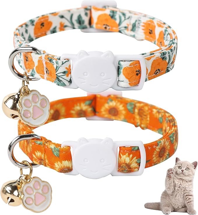 Unique Style Paws Fall Kitten Collar,2 Pack Orange Cat Collar with Sunflower Pattern,Breakaway Cat Collar with Bell,Cute Paw Pendant,Ideal Gift for Boy Girl Cats,Pet Supplies Accessories