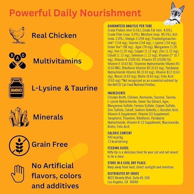 Kitty Up Lickable Cat Treats - All Natural Chicken Puree Tubes with Lysine & Taurine | Grain-Free Wet Treats for Indoor Cats & Kittens (12 Pack)