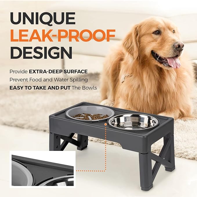 Elevated Dog Bowls with Slow Feeder, 4 Adjustable Heights Raised Dog Bowl Stand with Two 1.3L Stainless Steel Food & Water Bowls, Adjusts to 2.8”, 8.6”, 10.2”, 11.8” for Large Medium, Small Dog & Cats