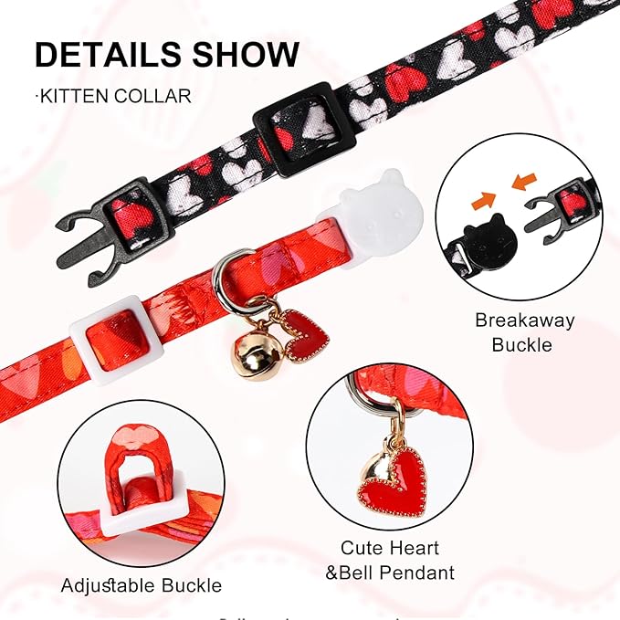 Unique Style Paws Valentine's Day Cat Collar,Cute Cat Collars with Bell,Kitten Collar Breakaway Buckle with Heart,Love,Adjustable Valentine's Day Puppy Collar,Ideal Gift for Boy Girl Cats