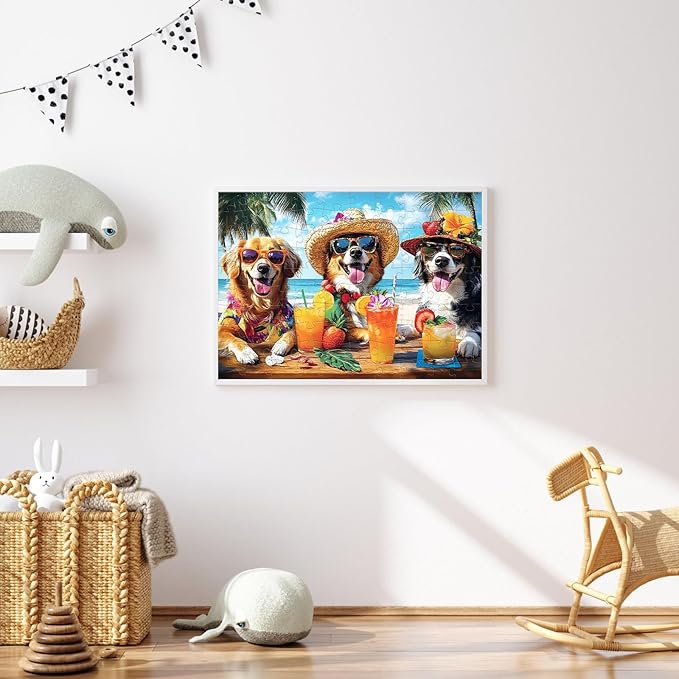 100 Piece Puzzles for Kids Ages 6-8, Dogs Summer Sips Jigsaw Puzzle, Educational Puzzle for Kids & Adults, 100 Piece Puzzles for Adults Large Piece for Seniors 15x11 in