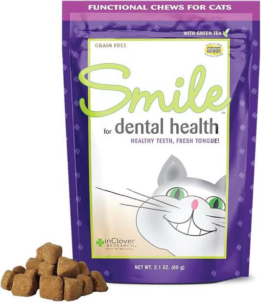 In Clover Smile Daily Dental Health Soft Chews for Cats, Support Healthy Teeth and Fresh Tongue with Catnip and Green Tea, Prebiotics, and Chlorophyll for Fresh Breath