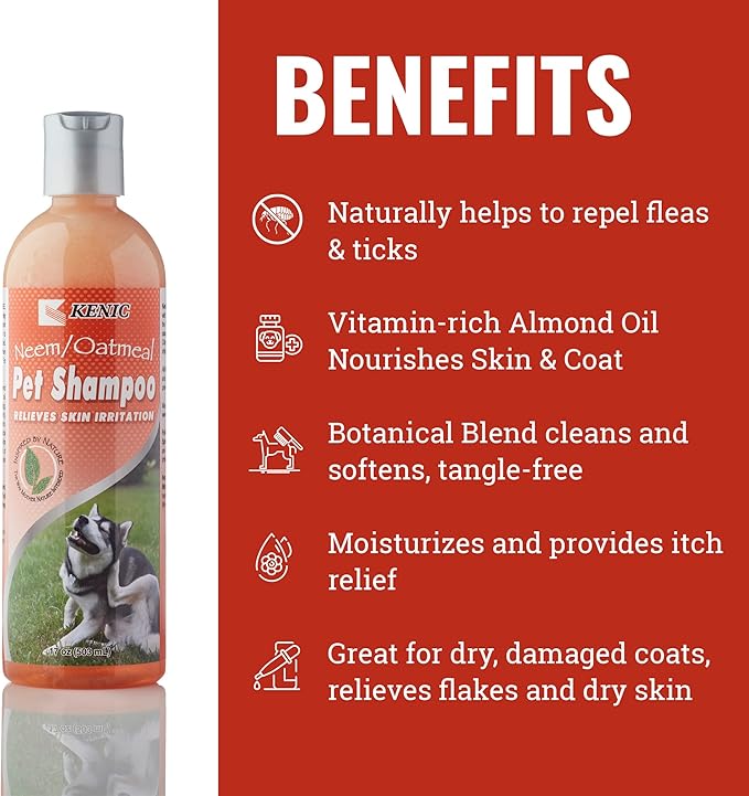 Kenic Neem Oatmeal Shampoo for Dogs & Cats, Dog Shampoo Flea & Tick Support – Fast-Acting Relief for Itchy, Dry, or Irritated Skin – 17oz – Made in USA