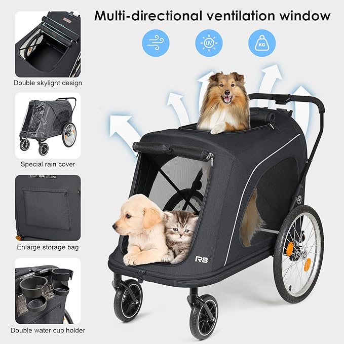 R8 Pro Extra Large Foldable Pet Stroller, Dog Stroller & Pet Trailer for Large Dogs Under 100 lbs, Unmovable, Disabled & Pregnant Dogs - Conveniently Carriable by Bike and Car, Black