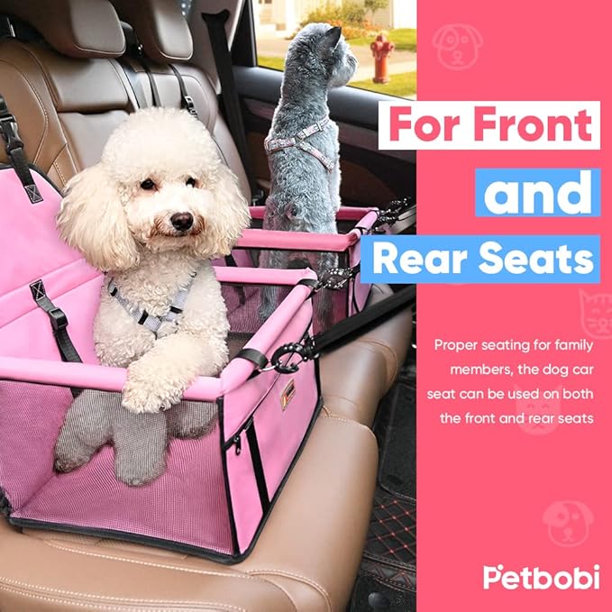 Petbobi Pet Reinforce Car Booster Seat for Dog Cat Portable and Breathable Bag with Seat Belt Dog Carrier Safety Stable for Travel Look Out,with Clip on Leash with PVC Tube, Pink