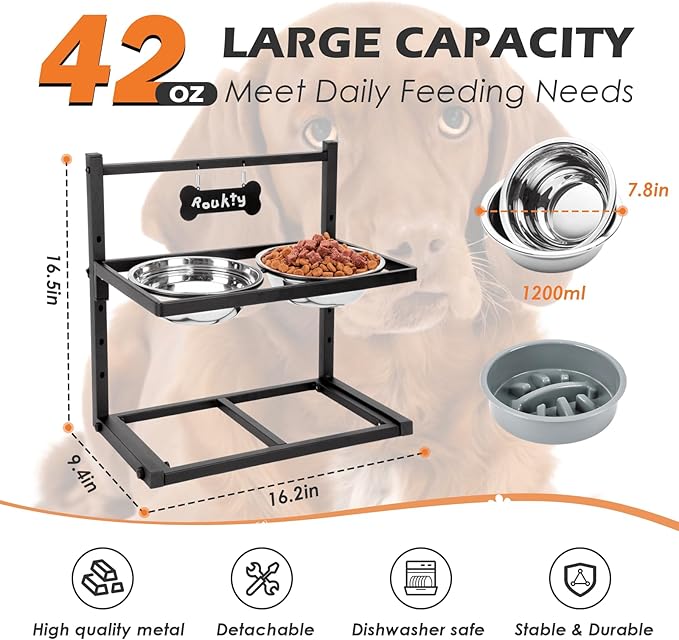 Elevated Dog Bowls with Slow Feeder Dog Bowls, 5 Height Adjustable Raised Bowl Stand with 2 Stainless Steel Food & Water Container, Pet Bowl Elevated for Medium Large Pet