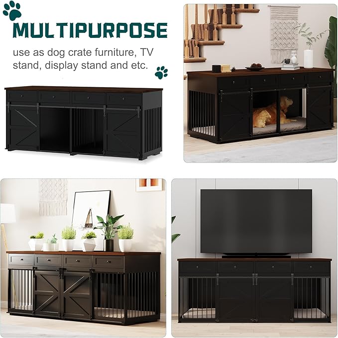 Furniture Style Dog Crate, 83" L Super Large Indoor Wooden Farmhouse Dog Kennel Furniture with Double Sliding Barn Doors, 4 Drawers & Room Divider, for Large Breed Dogs, Black