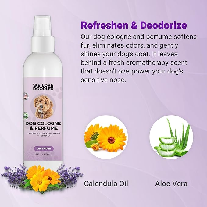 We Love Doodles Dog Cologne & Perfume, Deodorizing, Safe Ingredients, Made In USA, Long Lasting After Bath, Deodorant For Smelly Dogs, Pawfume For Pets, Odor Eliminator Spray, Lavender, 8 OZ