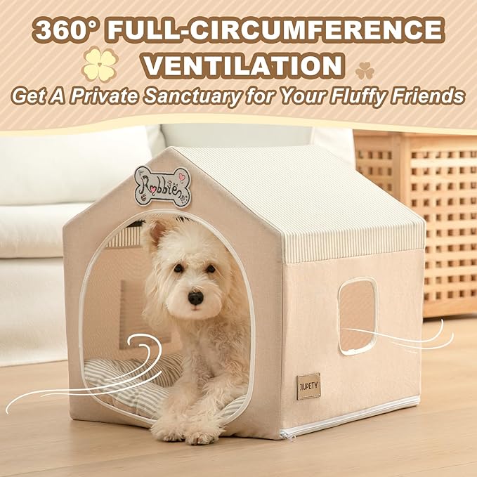 Jiupety Indoor Dog House with Frame, Cute Dog Tent Bed with Cover Cave, Breathable, Washable, and Foldable House, Suitable for 10-20 Lb Puppy and Cats, Medium (17"×17"×17"), Beige