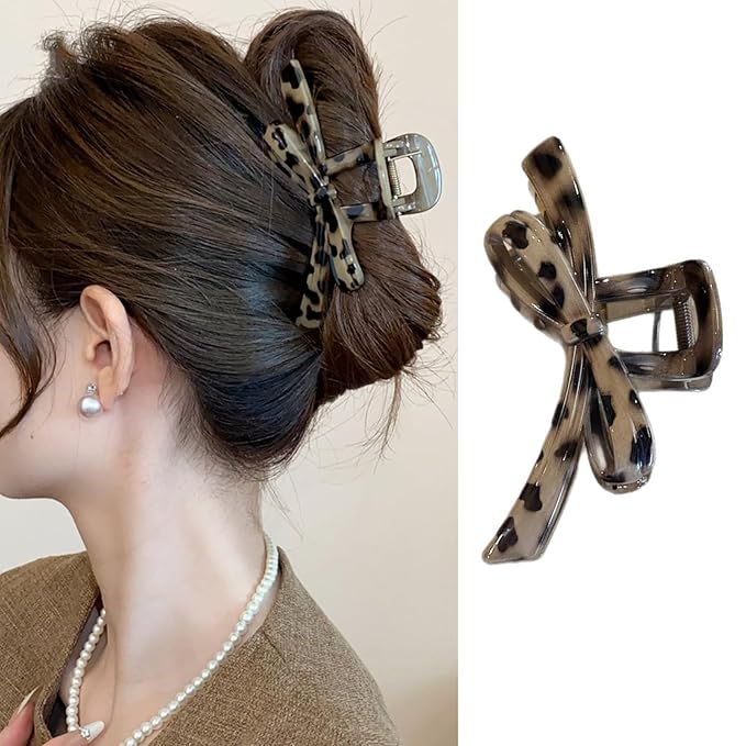 1 Pack Bow Hair Claw Clips Cheetah Print Hair Clip Fall Brown Strong Hold Shark Clip Leopard Print Jaw Clips Non-Slip Cute Bow-knot Hair Barrettes Fashion Hair Accessories for Thick & Thin Hair