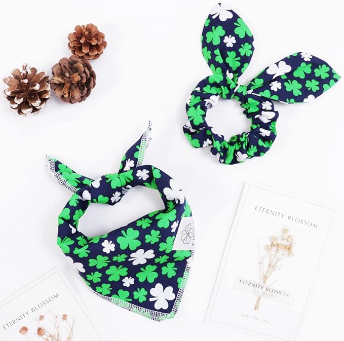 E-Clover Dog Bandana Boy & Matching Scrunchie Set Shamrock Lucky Dog Bandanas Scarf with Bow Hair Ties for Small Puppy Dogs Pet Owner Mom Green Blue