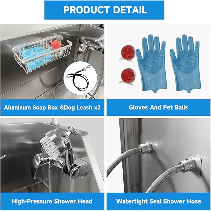 Dog Washing Station 46" Dog Grooming Tub with Left Stair& Faucet, Stainless Steel Dog Bathing Station for Home,Dog Bathtub for Large,Medium,Small Pets