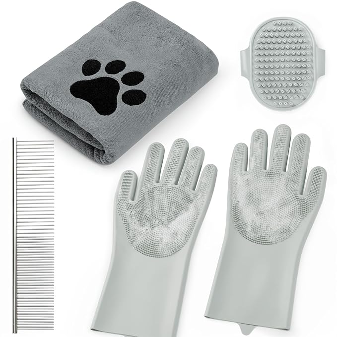 Pet Shower & Bath Supplies，Dog Shampoo Brush Set with Towel, Washing Gloves,Comb for Dogs and Cats (large Grey)