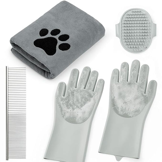 Pet Shower & Bath Supplies，Dog Shampoo Brush Set with Towel, Washing Gloves,Comb for Dogs and Cats (large Grey)