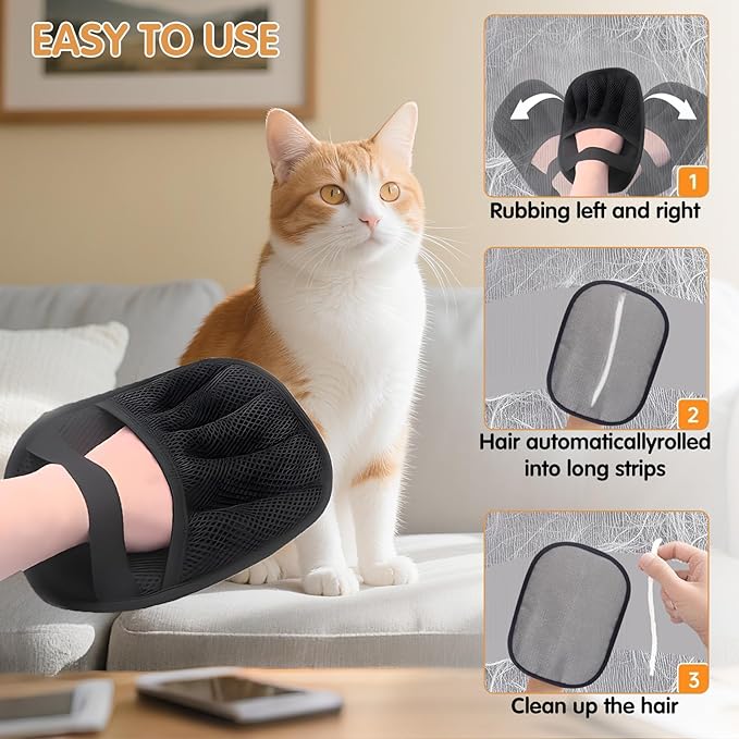 Pet Hair Removal Glove | Electrostatic Reusable Cat & Dog Magic Brush Hair Remover Tool for Furniture, Carpet, Couch | Upgraded 5-Finger Design | Gentle Grooming Tool for Pets(Eco-Friendly) (2 PCS)