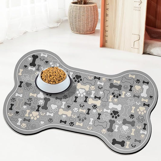 Dog & Cat Food Mat Bone Shaped Pet Feeding Mat Quick Absorb Water Bowl Placemat with Rubber Backing Indoor Floor Stain Resistant Pet Accessory Supplies (Gray, 17x29 Inches)