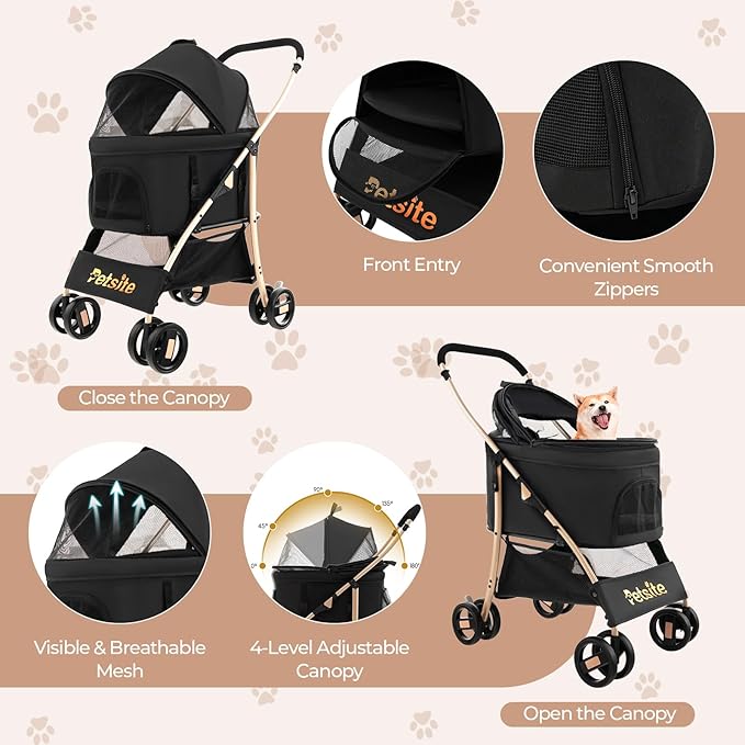 PETSITE 3-in-1 Pet Stroller, Portable Folding Dog Cat Stroller with Removable Car Seat Carrier, Adjustable Canopy, Zippered Mesh Entry and Storage Basket, Ideal for Small or Medium Sized Dogs