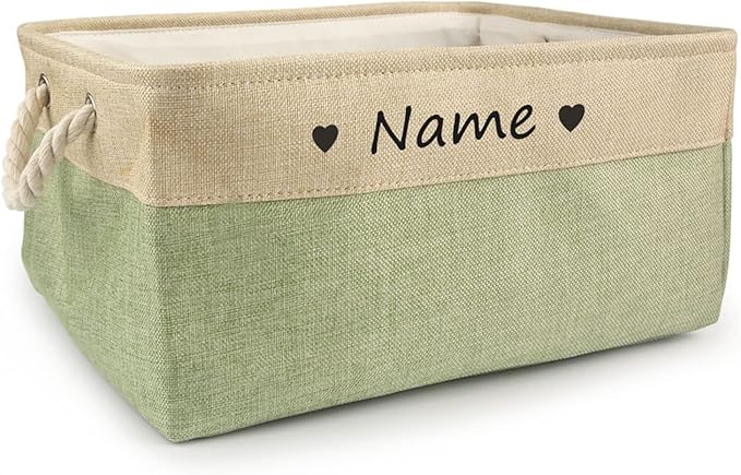 Personalized Dog Toy Box, Dog Toy Basket Storage with Cotton Handle, Customized Name and Paw Heart Print Puppy Toy Bin for Organizing Food Clothes and Pets Accessories(Heart Green)