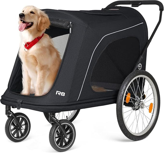 R8 Pro Extra Large Foldable Pet Stroller, Dog Stroller & Pet Trailer for Large Dogs Under 100 lbs, Unmovable, Disabled & Pregnant Dogs - Conveniently Carriable by Bike and Car, Black