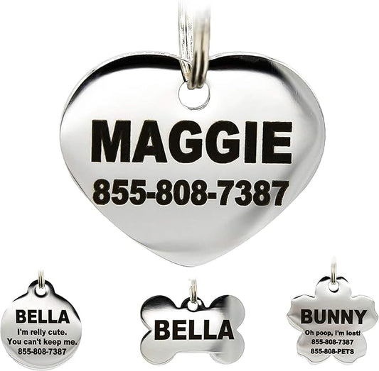 Stainless Steel Pet ID Tags - Engraved Personalized Dog Tags, Cat Tags Front & Back up to 8 Lines of Text – Bone, Round, Heart, Flower, Badge, House, Star, Rectangle, Bow Tie