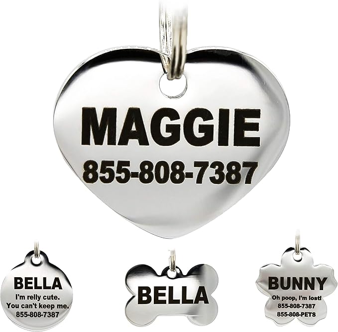 Stainless Steel Pet ID Tags - Engraved Personalized Dog Tags, Cat Tags Front & Back up to 8 Lines of Text – Bone, Round, Heart, Flower, Badge, House, Star, Rectangle, Bow Tie