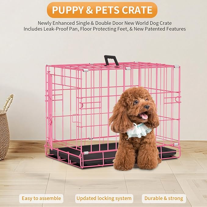 PayLessHere 18 Inch Dog Crate Kennel for Small Dogs Metal Cage Single-Door Folding Travel Indoor Outdoor Puppy Playpen with Divider and Handle Plastic Tray,Pink