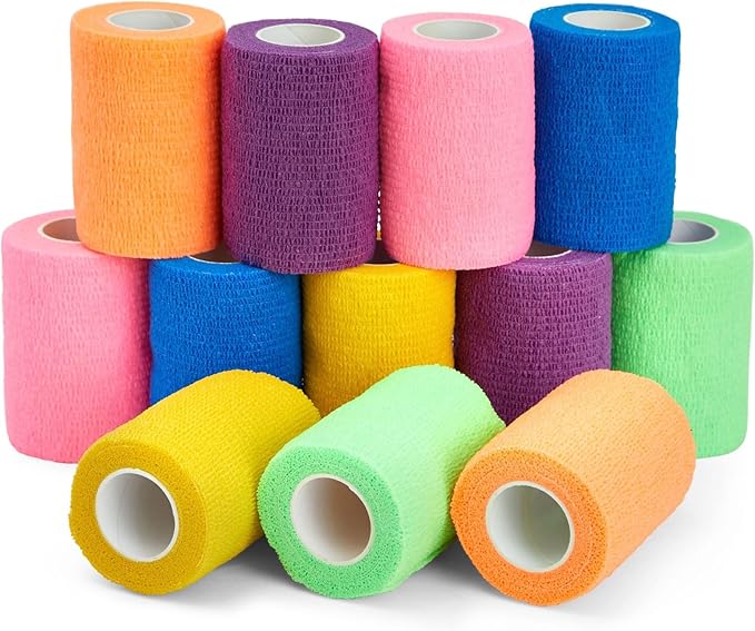 Juvale Self-Adherent Cohesive Bandage Wrap - Joint Support & Vet Wrap for Horses - Versatile First Aid & Pet Bandage - Athletic Compression & Stretch Tape - 3 in x 6 yd, Pack of 12, 6 Colors