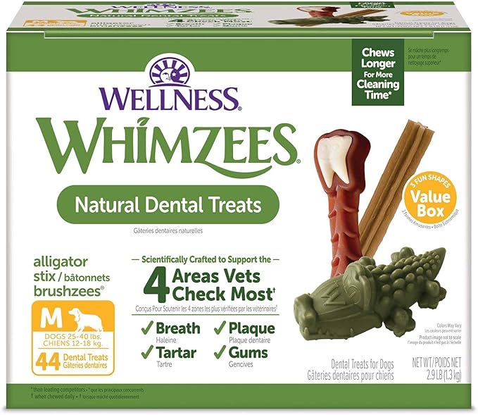 WHIMZEES Wellness Value Box Dog Dental Treats, Natural Chews, Medium Size (44 Count)
