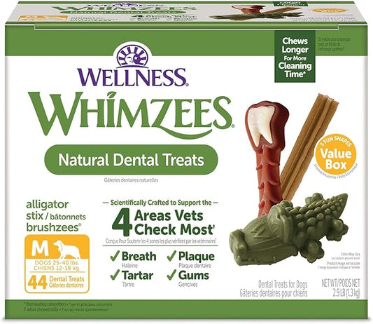 WHIMZEES Wellness Value Box Dog Dental Treats, Natural Chews, Medium Size (44 Count)
