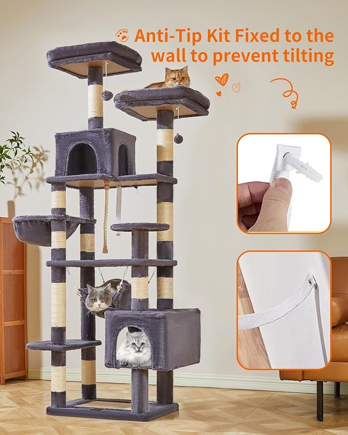 Taoqimiao Cat Tree, 71-Inch Cat Tree Cat Tower for Indoor Cats, Plush Multi-Level Cat Condo with 10 Scratching Posts, 2 Perches,Basket, 2 Caves,Hammock, 2 Pompoms,MS020G Beige Smoky Gray