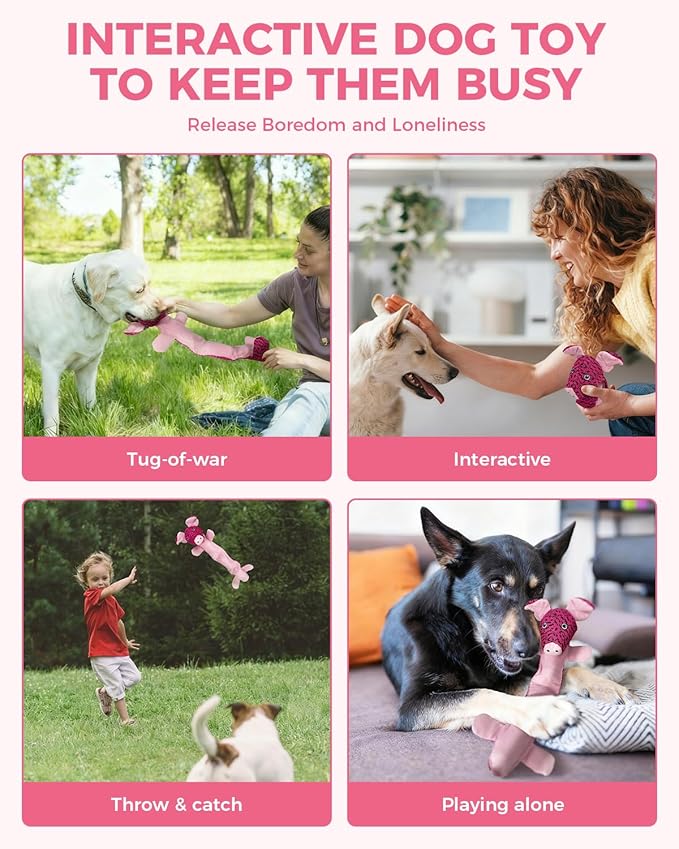 Squeaky Dog Toys for Large Dogs, Durable Plush Chew Toys for Aggressive Chewers, Interactive Tug of War Toy, Tough Teething Gift to Keep Them Busy and Relieve Boredom (Pink Pig)