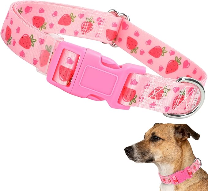 Soft Nylon Adjustable Dog Collar with Cute Strawberry Design - Pink Durable Collar for Small, Medium, Large & XL Dogs | No-Slip Comfort Fit (XL)