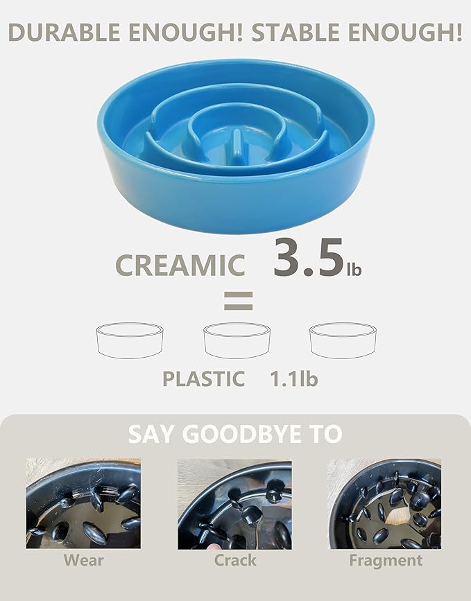 Ceramic Slow Feeder Bowls for Large Dogs, 3.0 Cups Slow Feeder for Fast Eaters, 48oz, 10in, Blue