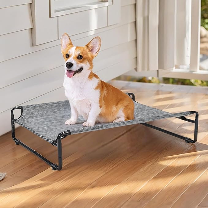 Veehoo Original Outdoor Elevated Dog Bed, Cooling Raised Dog Cot for Medium Dogs, Portable Standing Pet Hammock Platform with Washable Breathable Mesh, No-Slip Feet, Medium, Black Silver, CWC2201
