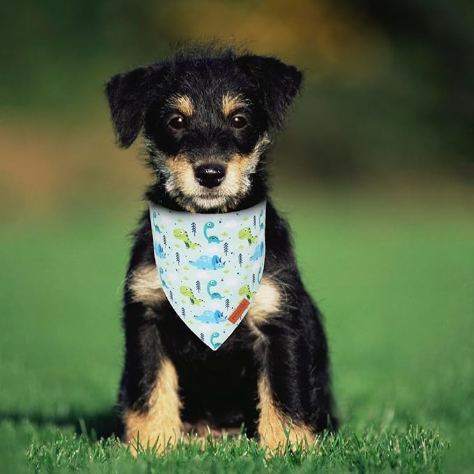 PTDECOR Dinosaurs Dog Bandana, Dinosaurs Design Reversible Pet Scarf Bib, Premium Durable Fabric, Adjustable White Green Bandanas for Small Dogs Puppies Cats(Small)