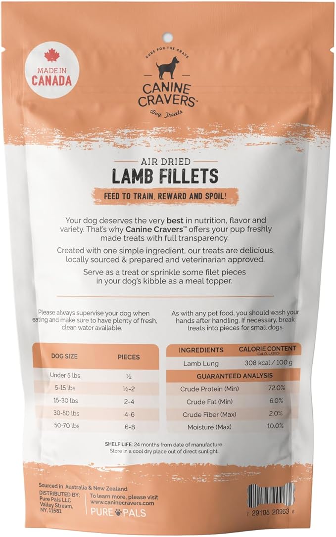 Canine Cravers Single Ingredient Dog Treats – Premium Lamb Fillets - Human Grade Air Dried Hypoallergenic Pet Food – Grain, Gluten, and Soy Free – 100% All Natural – 5.3 oz (Pack of 2)